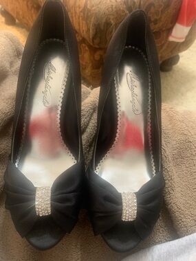 Michaelangelo Black Satin Peep-Toe Heels with Rhinestone Bow Accent